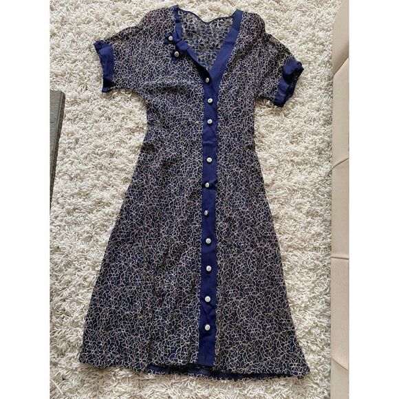 Vintage Dress Blue Cream Floral Sheath Romantic Dark Academia Small / Medium